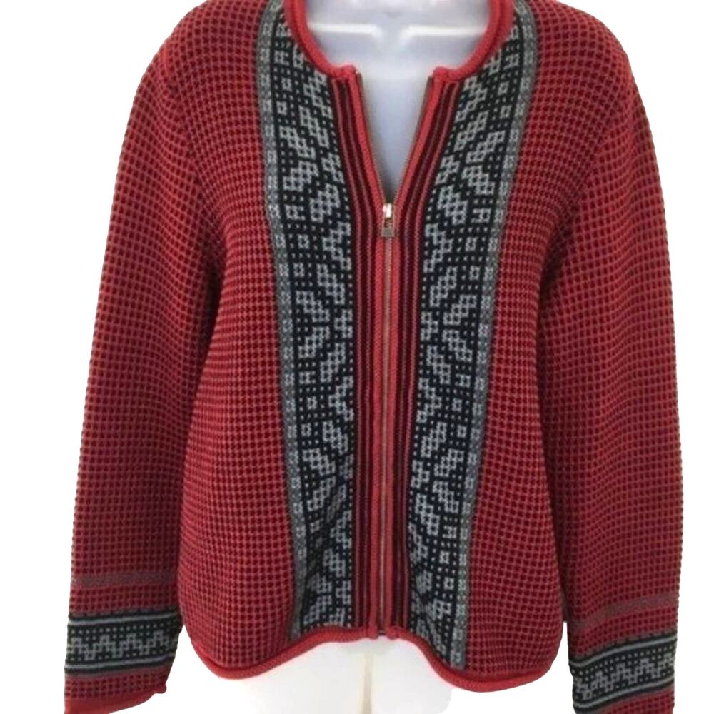 Woolrich Zip Front Cardigan Women's Oversize Red & Gray 100% Cotton Size Small